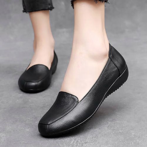 吻艺秀妈妈鞋子50-60岁皮鞋中年妇女夏季真皮牛筋底单鞋软皮软底豆豆