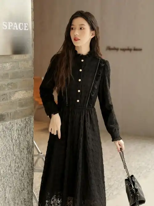 加绒蕾丝连衣裙秋冬2021年新款法式长裙气质内搭裙子打底裙女冬季