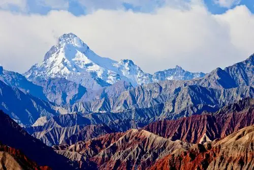 山峰呈金字塔形,峰体陡峭,平均坡度约45度,为西昆仑山脉上的第一高峰