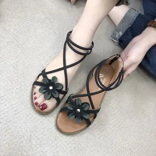 凉鞋女2021夏季新款时尚花朵后拉链露趾低跟交叉休闲拼色罗马凉鞋