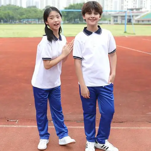 工厂定制广东惠州中专职校2021年新款短袖长裤运动套装校服捐赠服