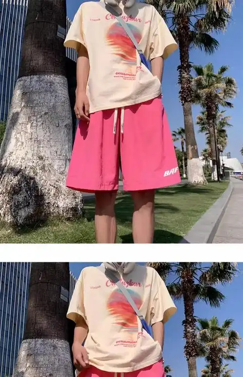 粉色短裤男夏季速干沙滩五分中裤美式篮球运动裤子潮牌休闲大裤衩