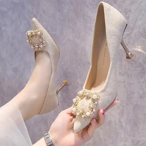 香槟色礼服主纱婚鞋2021年新款秋季水晶伴娘婚纱两穿高跟新娘鞋子