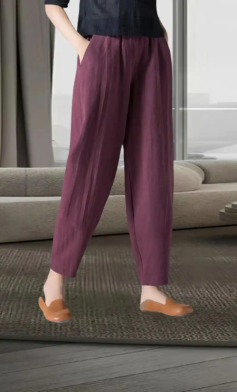 棉麻束腿裤女宽松显瘦休闲九分灯笼裤