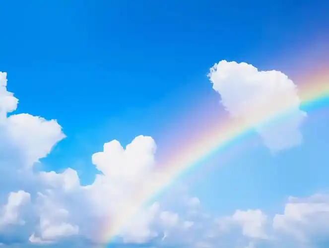 蓝天白云七色彩虹风景图明亮背景壁纸