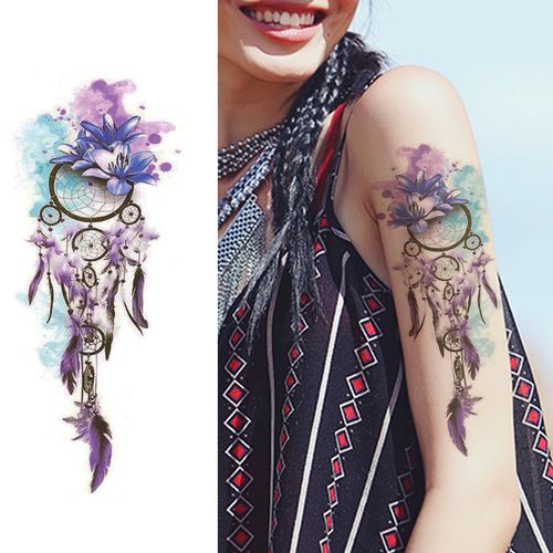 大图风铃图案羽毛纹身贴防水女持久个性时尚腿花臂手臂遮疤痕贴纸