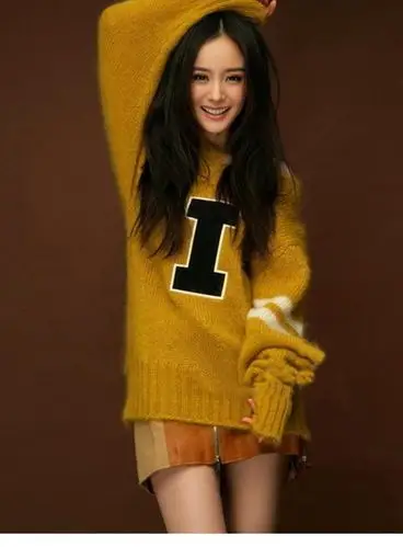 杨幂明星同款字母宽松毛衣中长款套头针织衫 桔色 均码