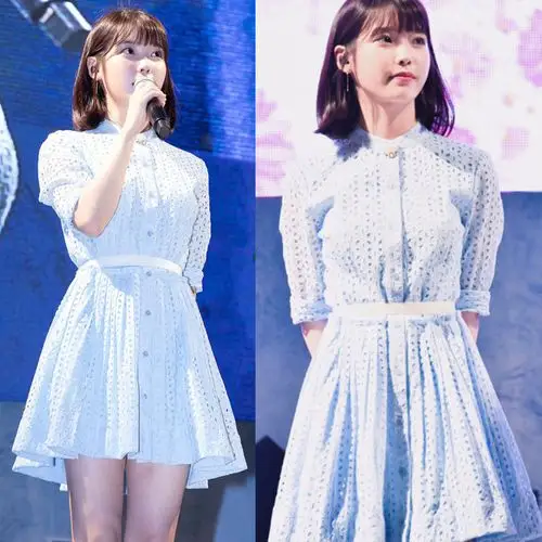 iu同款裙_iu李智恩允儿明星同款气质通勤蓝色连衣裙镂空水溶蕾丝裙中