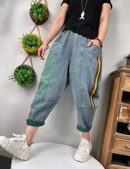 2021夏季新款 文艺拼接薄款牛仔哈伦裤 宽松大码休闲七分裤女