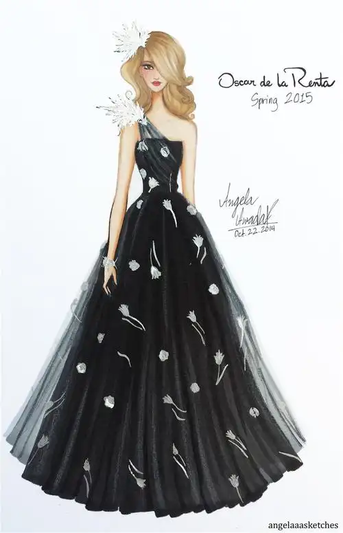 黑色单肩晚礼服设计图