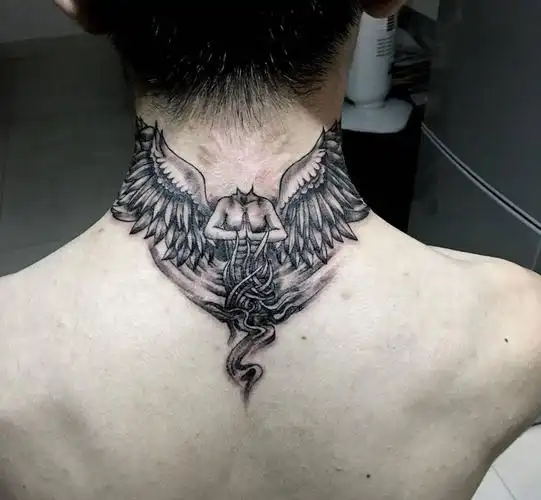 原创大天使纹身图片_成品颈部欧美宗教纹身图案