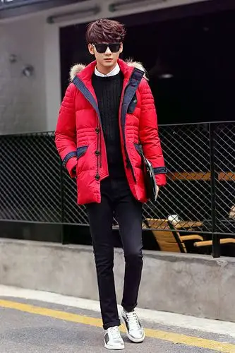 2015中长款男式羽绒服韩版修身连帽并接毛领_羽绒服_时尚男装_服装