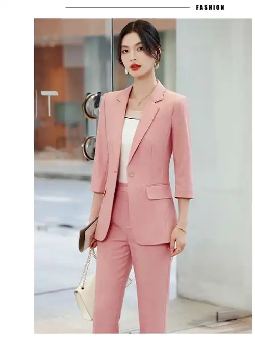 时尚粉色休闲西装外套女2024春季新款高级感气质小个子西服套装 - 17