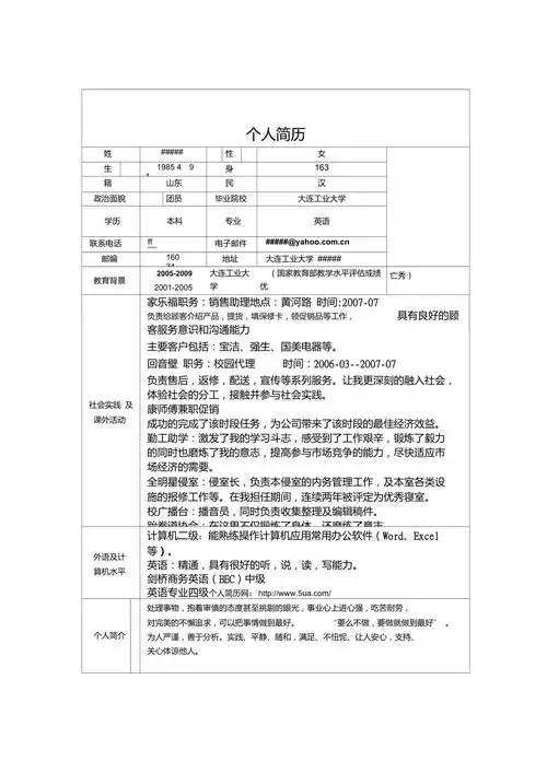 一页纸的个人简历范文模板