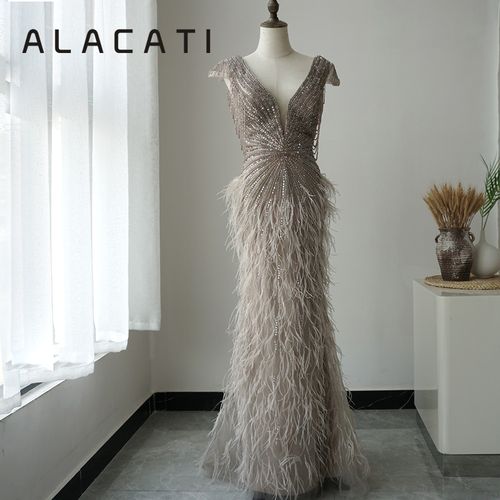 alacati 高端奢华晚礼服修身长款水晶流苏羽毛重工主持演出口迪拜