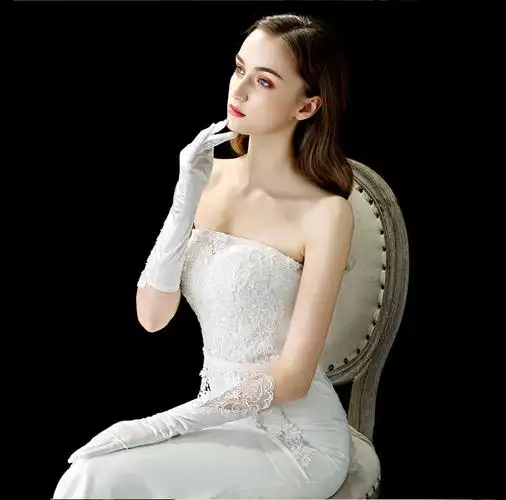 jyf原创缎面长款复古蕾丝全指手工钉珠婚纱手套轻纱旅拍配饰摄影