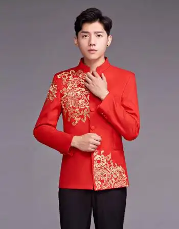 中式礼服男秀禾服古装喜服新郎结婚红色唐装敬酒服中山装演出服男