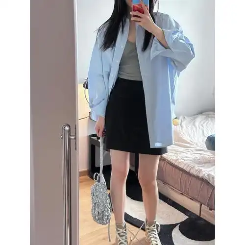 春夏格子衬衫女学生内搭外穿小众设计上衣宽松慵懒港风垂坠感外套