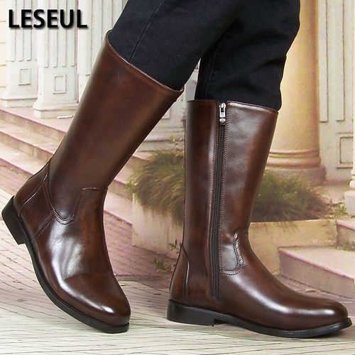 leseul男士马靴靴子阅兵靴棕色牛皮靴牛皮真皮中高筒机车靴