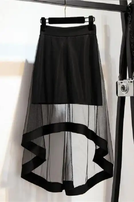 前短后长不规则下摆裙子燕尾裙黑色纱裙中长款半身裙女夏2018新款