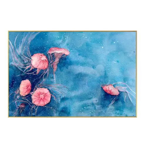 原创艺术装饰画大幅水母蓝色海洋挂画书房客厅沙发现代装饰画