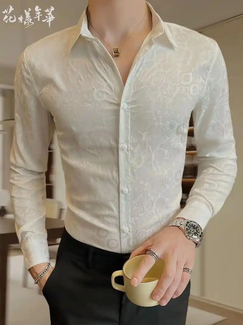 痞帅风格修身男装秋季新款潮牌国风印花休闲衬衣