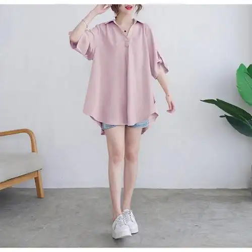 mm雪纺短袖衬衫遮肚子显瘦上衣减龄胖人夏装黄色大码均码建议100200斤