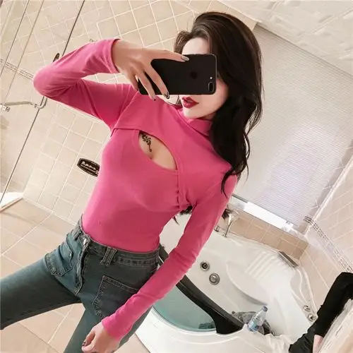 pq44376# 早春新款高领性感露胸心机t恤夜店装女潮