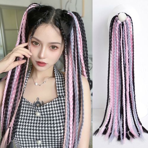 脏辫双马尾假发女马尾 彩色挑染长发假马尾拳击辫假发麻花辫子