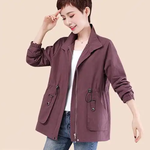 纯棉外套女秋装新款大码宽松上衣中老年妈妈装收腰中长款春秋风衣