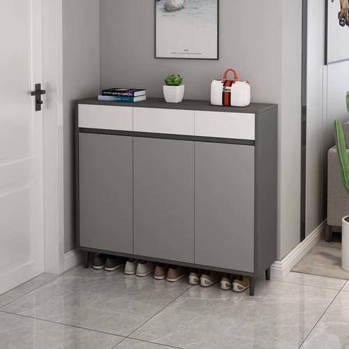 意式轻奢鞋柜家用门口门厅柜大容量带挂衣架灰色多功能进门储物柜