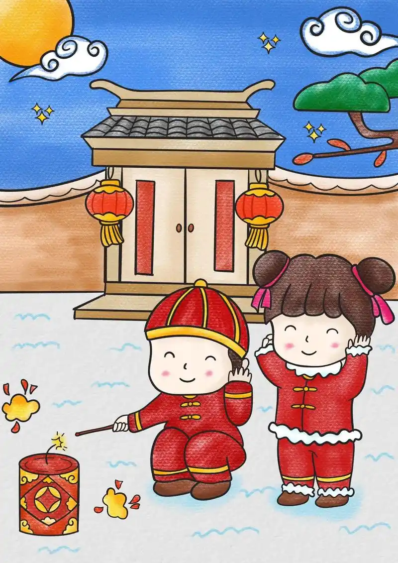 新年到一起放鞭炮吧,放假在家可以给孩子安排一些画 - 抖音