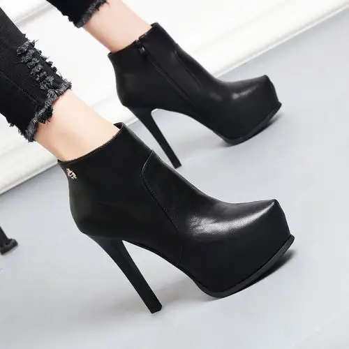 防水台高跟鞋女冬2017新款百搭_韩版2017秋冬新款超高跟短靴女防水台