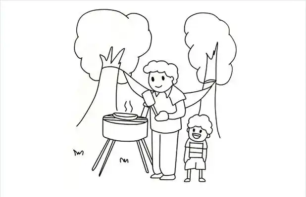 小朋友和爸爸去户外野炊烧烤的简笔画图片