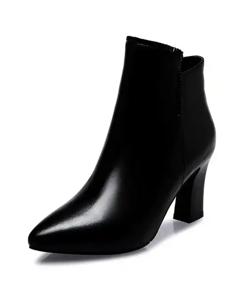 黑色牛皮简约时尚镶钻高跟短靴