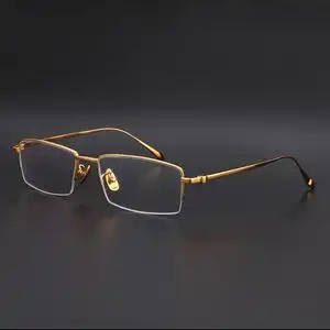 纯钛半框眼镜架男商务超轻配近视金色连体镜腿金丝方框出口眼镜框
