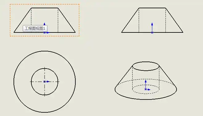 机械制图 我想要(圆柱贯通圆锥的三视图和轴测图)的图片