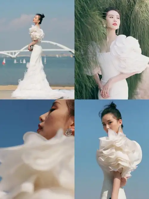 刘诗诗白色鱼尾流苏裙造型