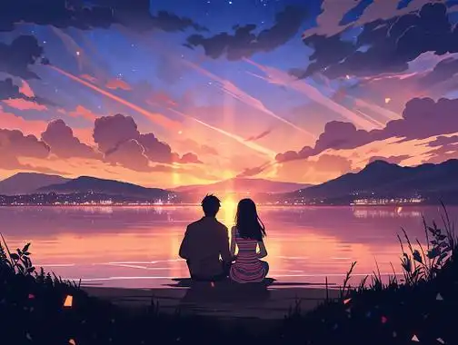 情侣紧挨着坐在一起的背影唯美浪漫情人节爱情双人手绘插画温馨氛围感