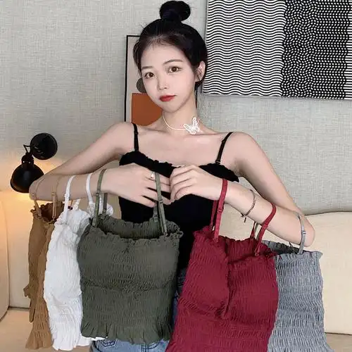 sunteku型美背吊带背心女外穿褶皱泫雅风短款打底无袖抹胸露肩内搭