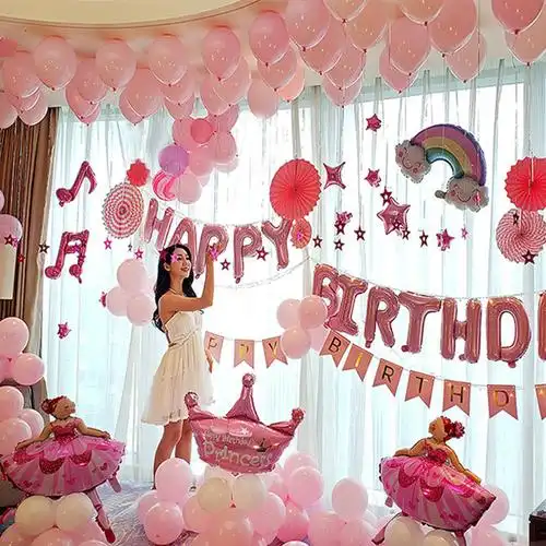 网红生日快乐派对气球男孩女孩场景布置用品背景墙宝宝气球