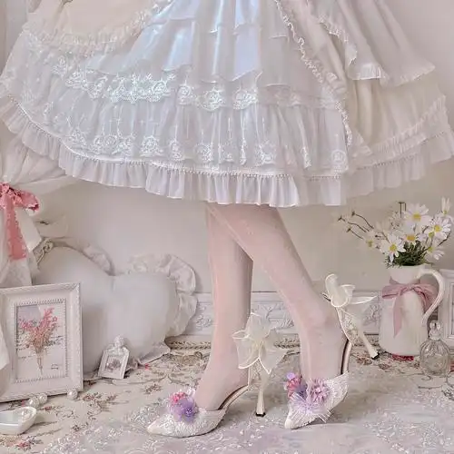 一只冲天天兔花见时节花嫁lolita高跟鞋尖头优雅lolita洛丽塔鞋类