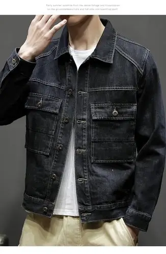 男士悠闲外套春秋新款韩版潮流机能工装牛仔上衣服秋冬夹克男 黑色 m