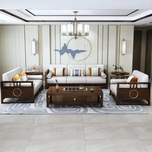 金丝檀木 真皮全实木新中式沙发123组合禅意现代中式轻奢客厅家具