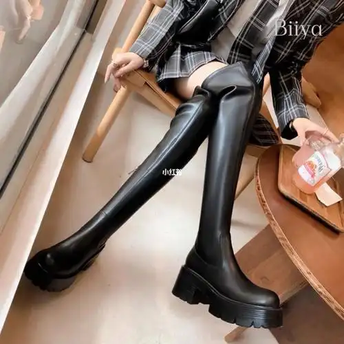 ins酷飒少女!巨显高~真皮厚底过膝靴长筒靴