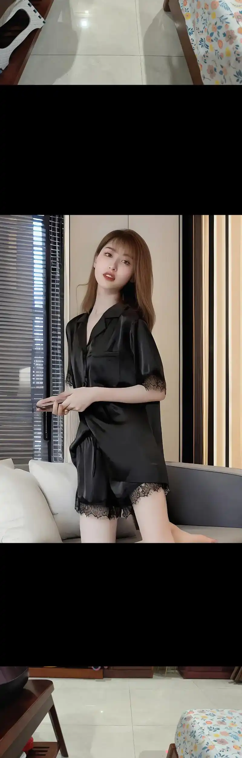 这款冰丝睡衣女款,触感丝滑,贴身穿超级舒服.薄款的设计