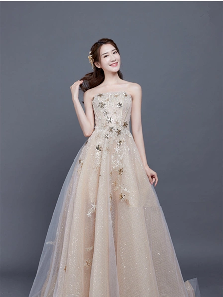 新款礼服舞会晚宴长裙香槟晚礼服一字
