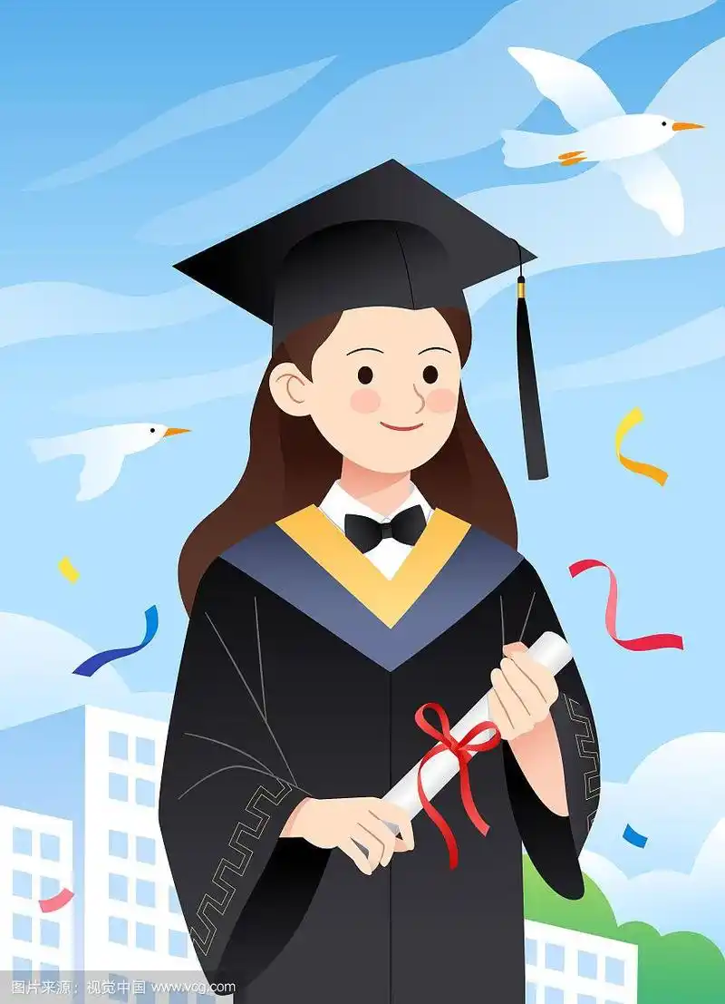 一个穿着学士服的女生站在教学楼前