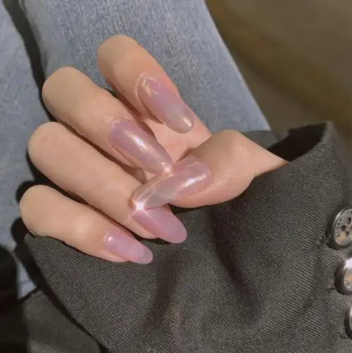 极光粉美甲尖头人鱼姬粉美甲贴片穿戴甲成品假指甲防水可拆卸甲片