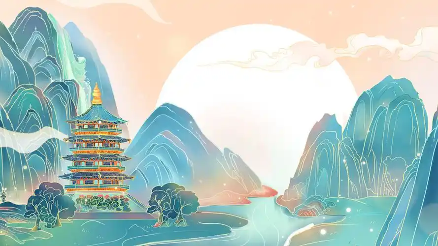 4k简洁绿色国潮鎏金山横版创意背景展示国潮插画背景